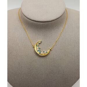 18K Gold Over 925 Silver CZ Crescent Moon Necklace Blue Clear 18”+2”